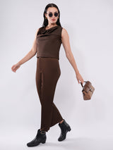Clobug Chocolate Brown Drape Neck Top & Straight Pants Co-ord Set