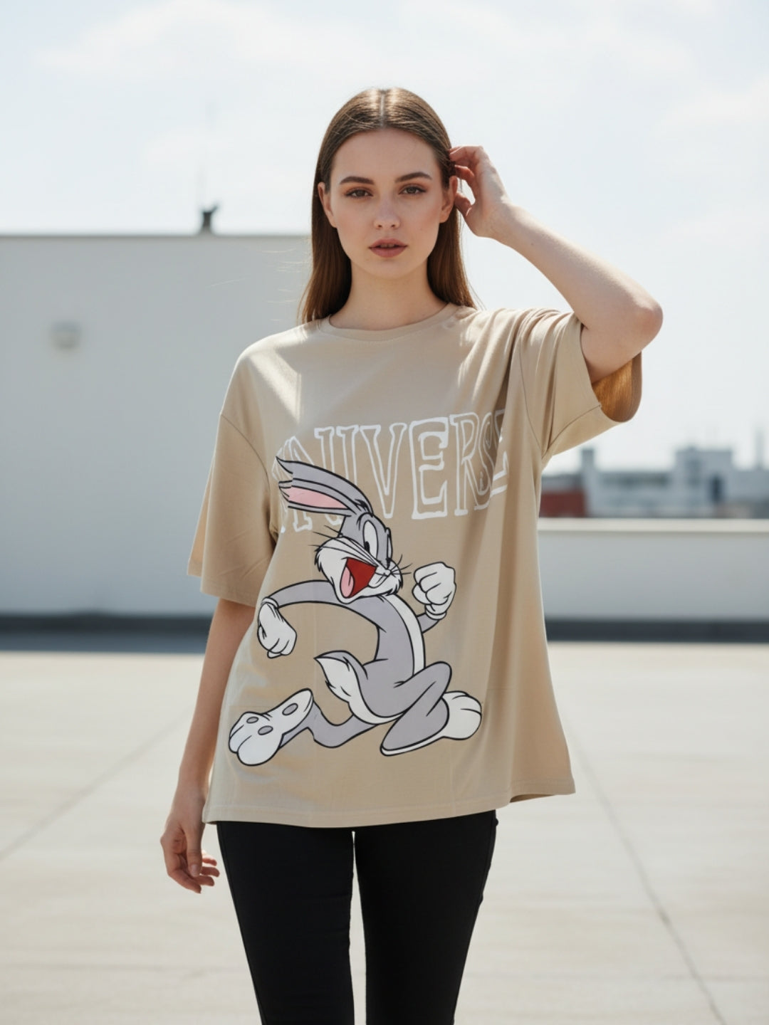 Clobug Women Oversized Cartoon Graphic Print T-Shirt