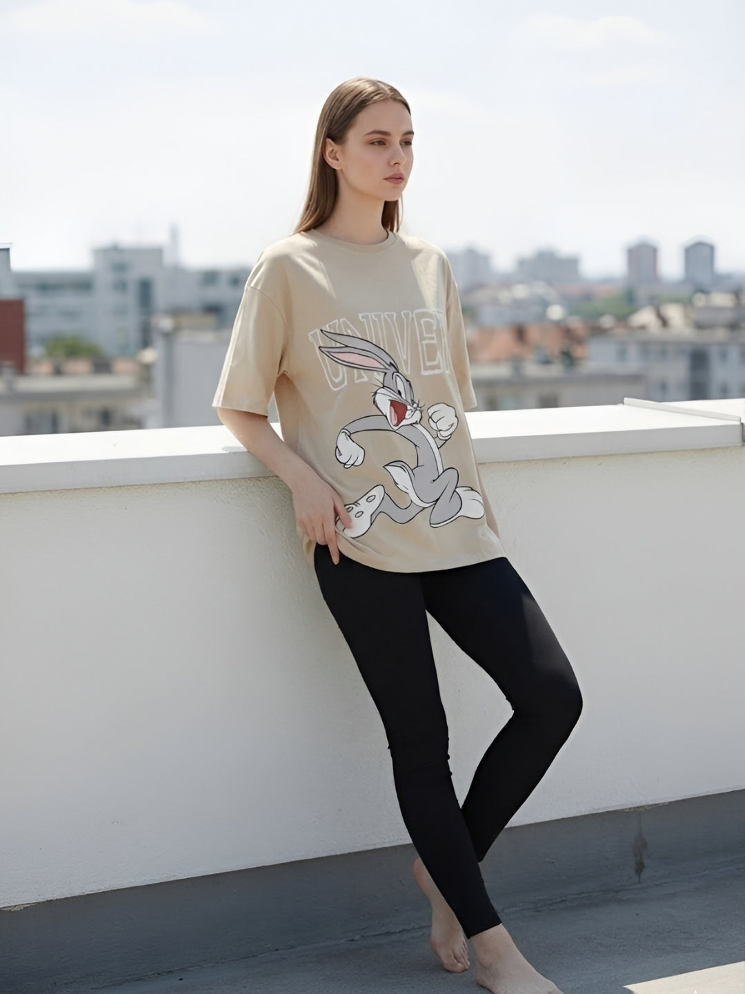 Clobug Women Oversized Cartoon Graphic Print T-Shirt