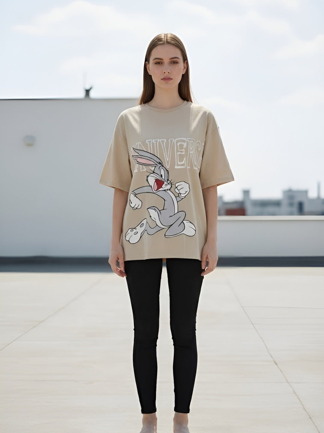 Clobug Women Oversized Cartoon Graphic Print T-Shirt