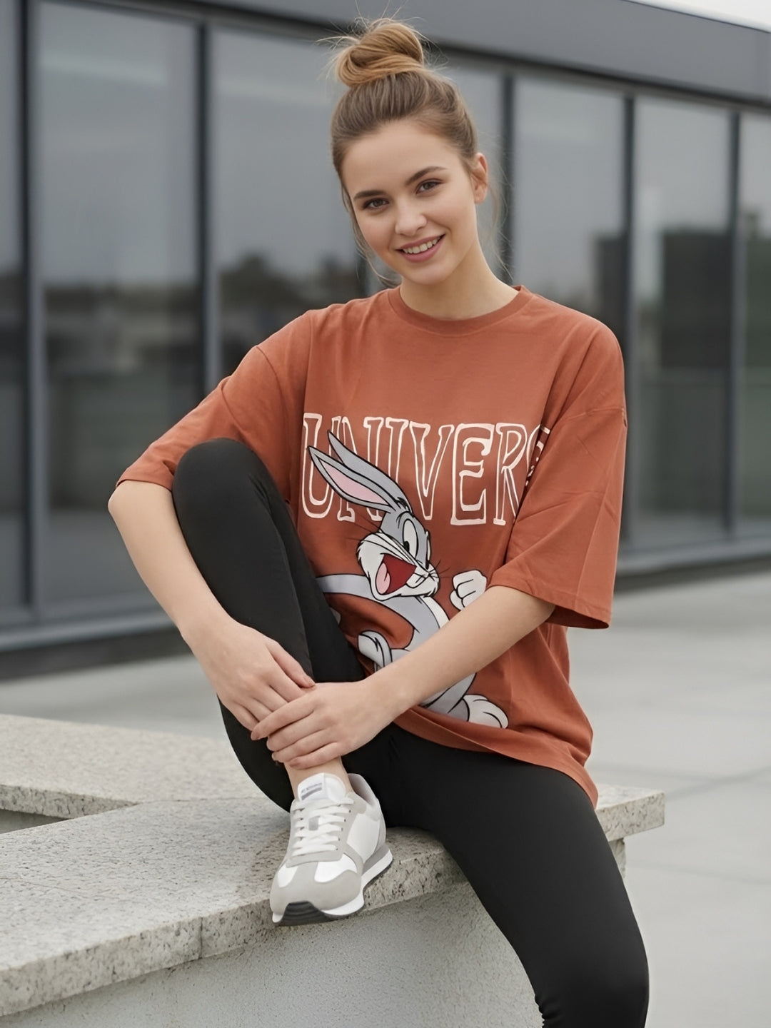 Clobug Women Oversized Cartoon Graphic Print T-Shirt