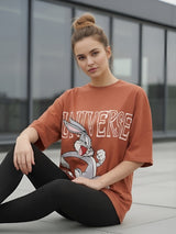 Clobug Women Oversized Cartoon Graphic Print T-Shirt