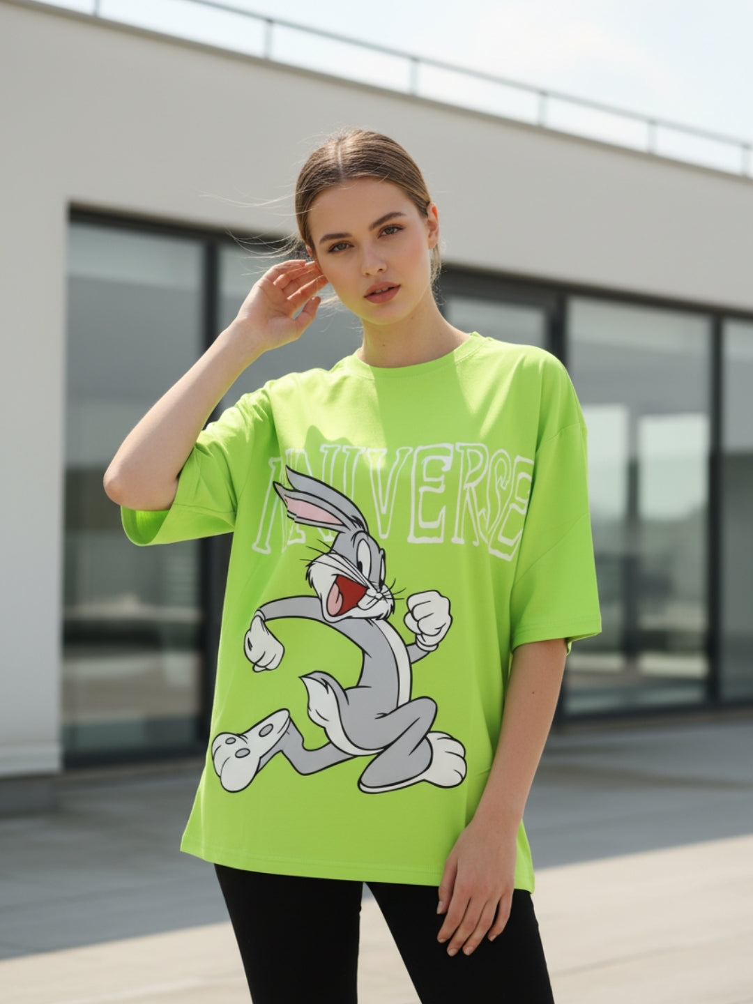 Clobug Women Oversized Cartoon Graphic Print T-Shirt