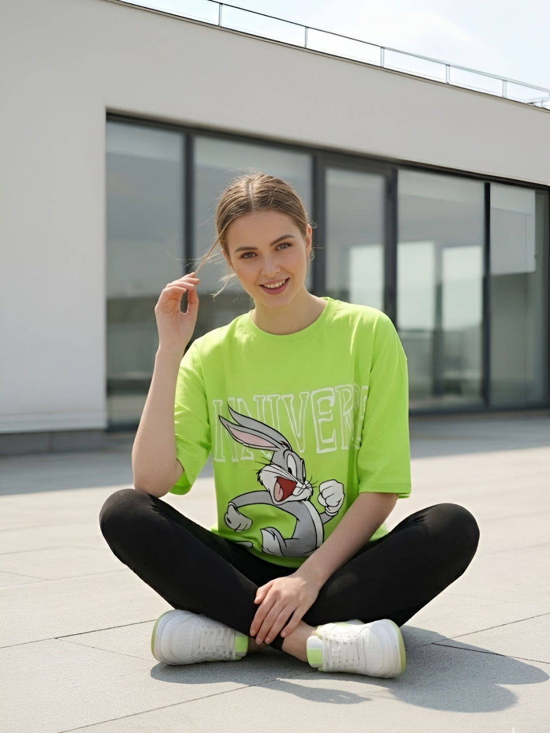 Clobug Women Oversized Cartoon Graphic Print T-Shirt