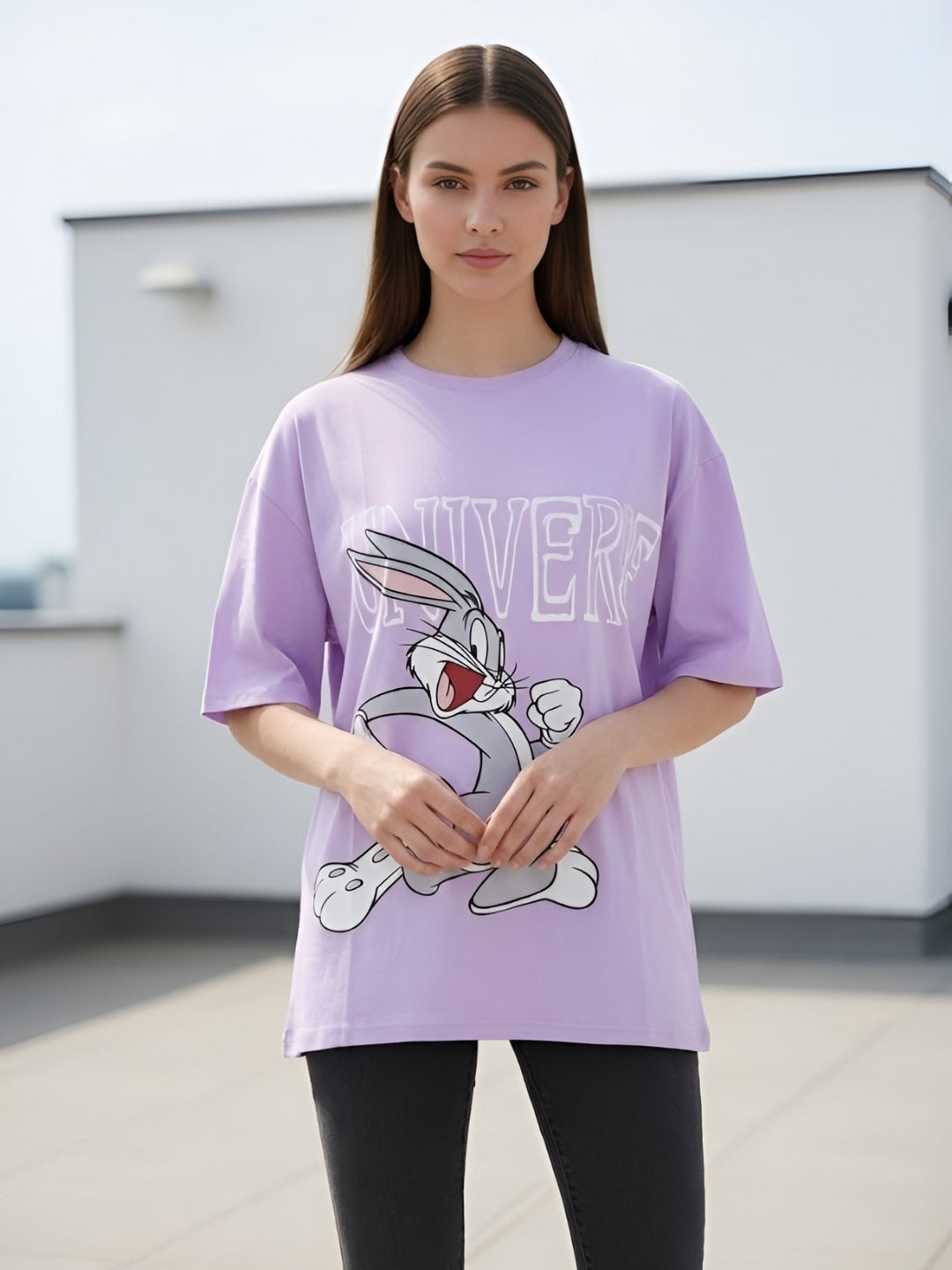 Clobug Women Oversized Cartoon Graphic Print T-Shirt