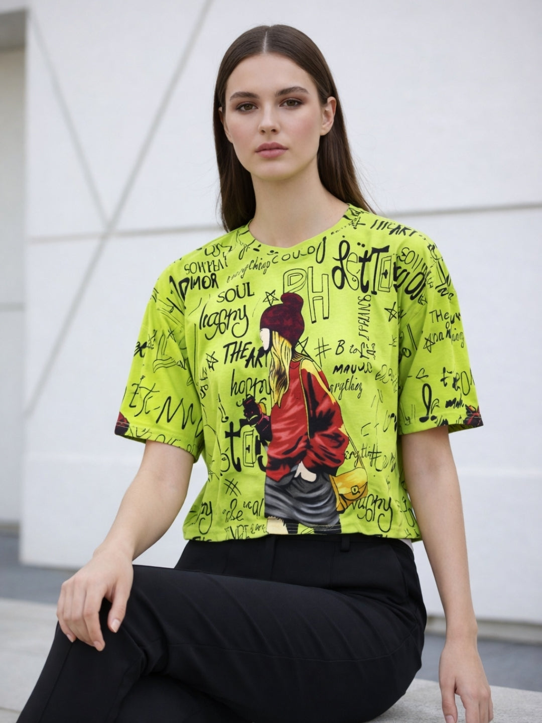Clobug Women Oversized Graphic Print Half Sleeve T-shirt