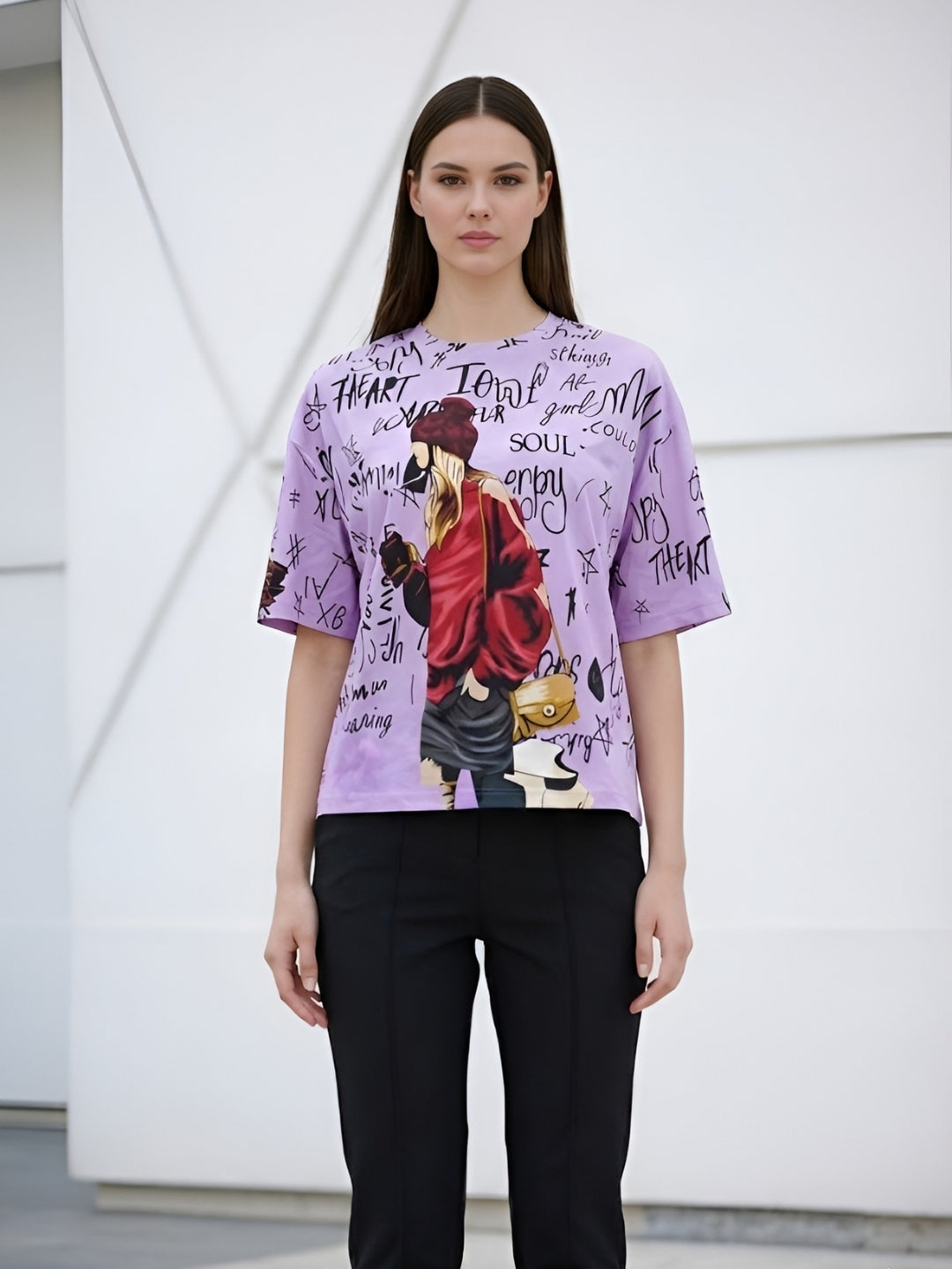 Clobug Women Oversized Graphic Print Half Sleeve T-shirt