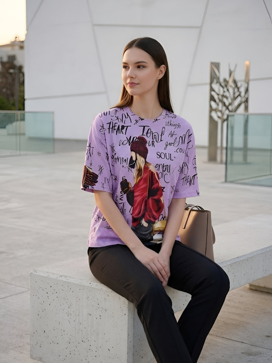 Clobug Women Oversized Graphic Print Half Sleeve T-shirt