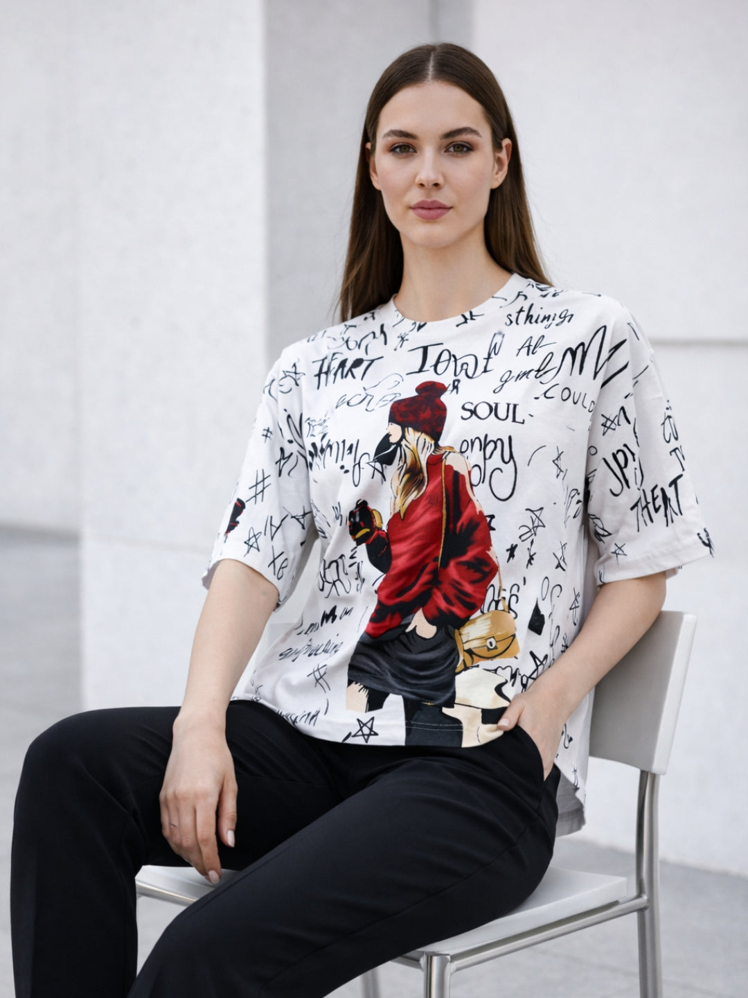 Clobug Women Oversized Graphic Print Half Sleeve T-shirt