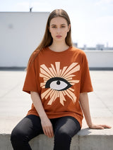 Clobug Women Rust Orange Oversized Graphic T-Shirt – Abstract Eye Print