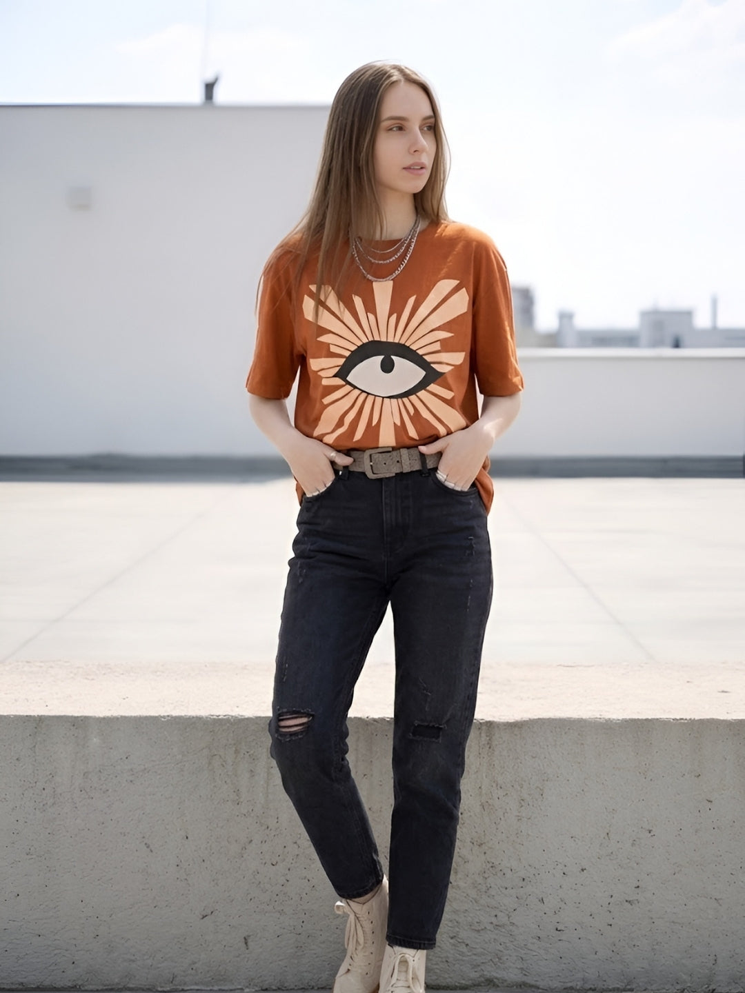 Clobug Women Rust Orange Oversized Graphic T-Shirt – Abstract Eye Print