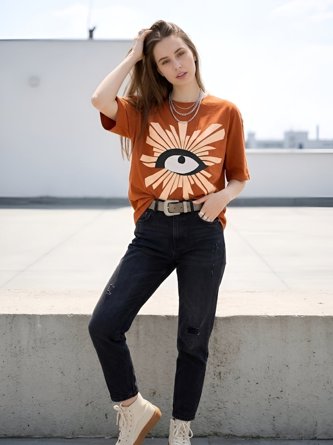 Clobug Women Rust Orange Oversized Graphic T-Shirt – Abstract Eye Print