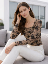 Clobug Women Beige Floral Mesh Long Sleeve Top