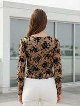 Clobug Women Beige Floral Mesh Long Sleeve Top