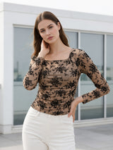 Clobug Women Beige Floral Mesh Long Sleeve Top