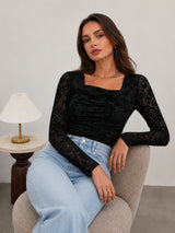 Clobug Women Beige Floral Mesh Long Sleeve Top