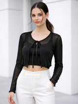 Clobug Women Full Sleeve Tie-up Mesh Crop Top