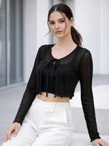 Clobug Women Full Sleeve Tie-up Mesh Crop Top