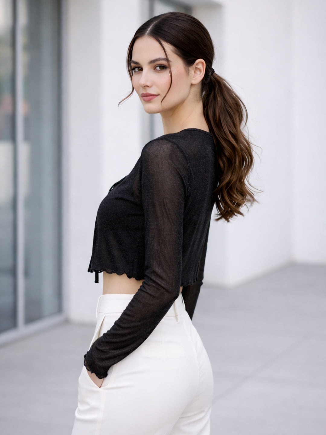 Clobug Women Full Sleeve Tie-up Mesh Crop Top