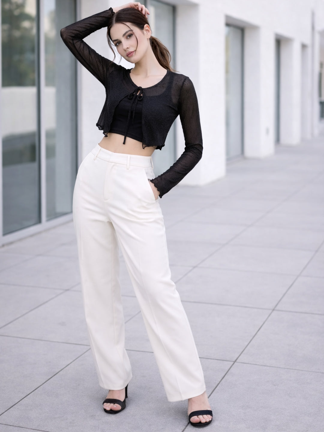 Clobug Women Full Sleeve Tie-up Mesh Crop Top