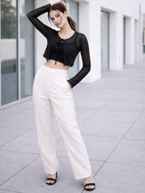 Clobug Women Full Sleeve Tie-up Mesh Crop Top