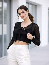 Clobug Women Full Sleeve Tie-up Mesh Crop Top
