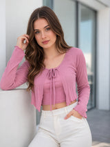 Clobug Women Full Sleeve Tie-up Mesh Crop Top