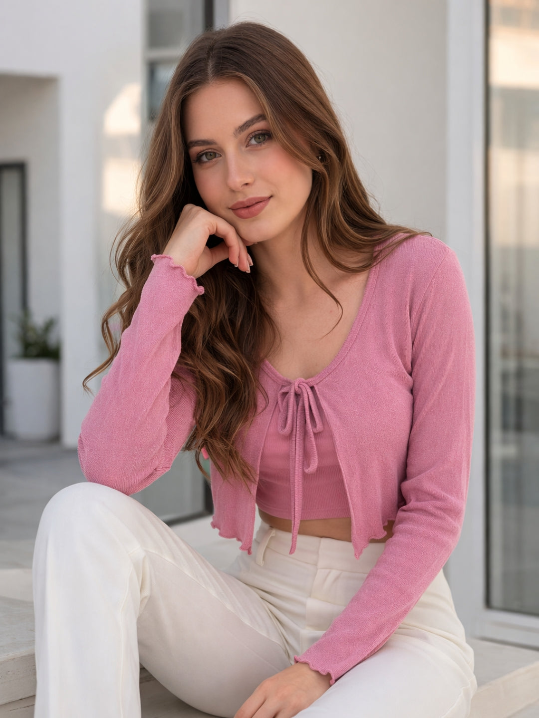 Clobug Women Full Sleeve Tie-up Mesh Crop Top