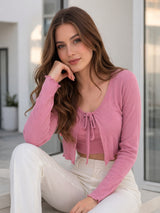 Clobug Women Full Sleeve Tie-up Mesh Crop Top