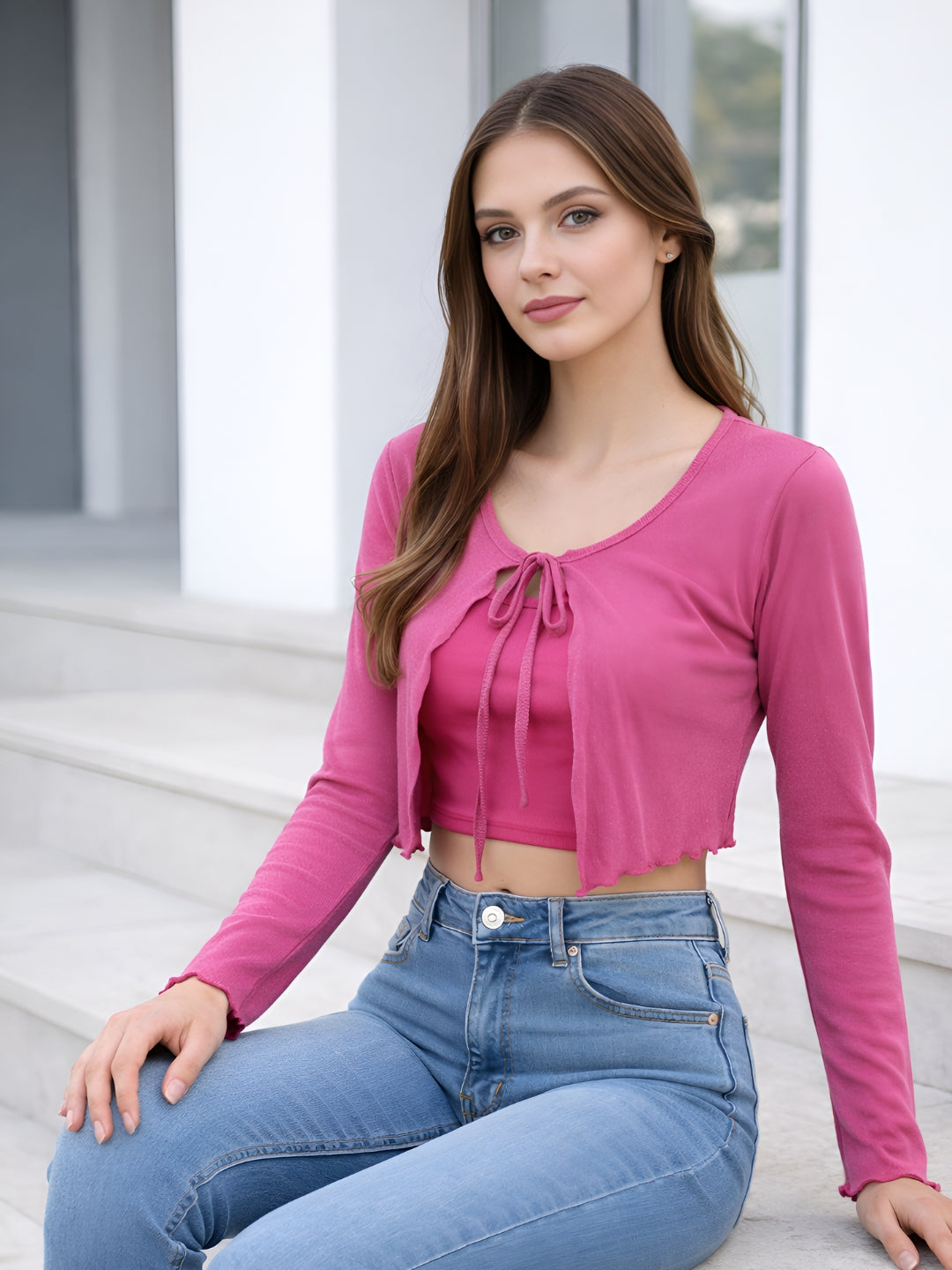 Clobug Women Full Sleeve Tie-up Mesh Crop Top