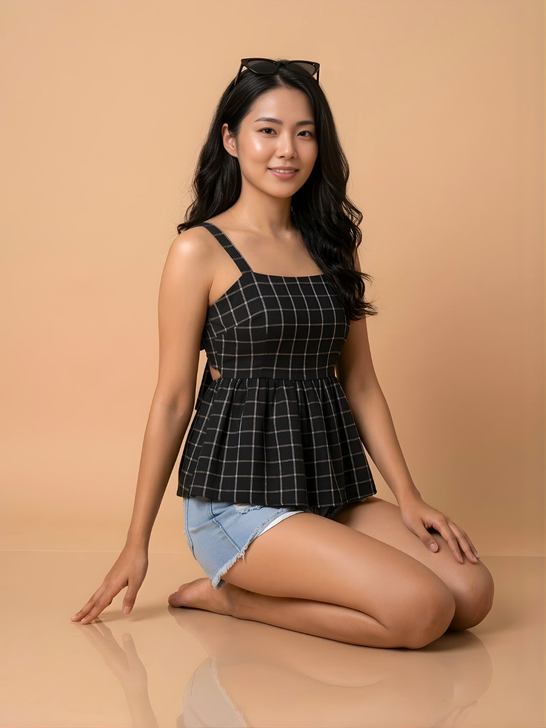 Clobug Women Sleeveless Check Print Top