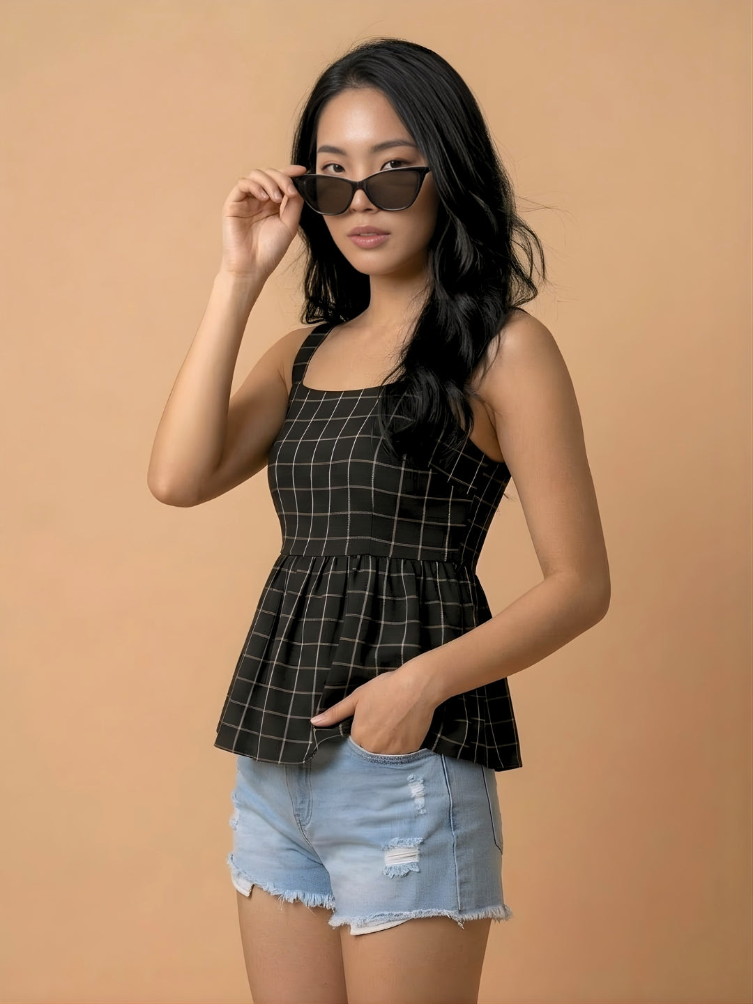Clobug Women Sleeveless Check Print Top