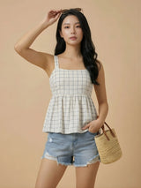 Clobug Women Sleeveless Check Print Top