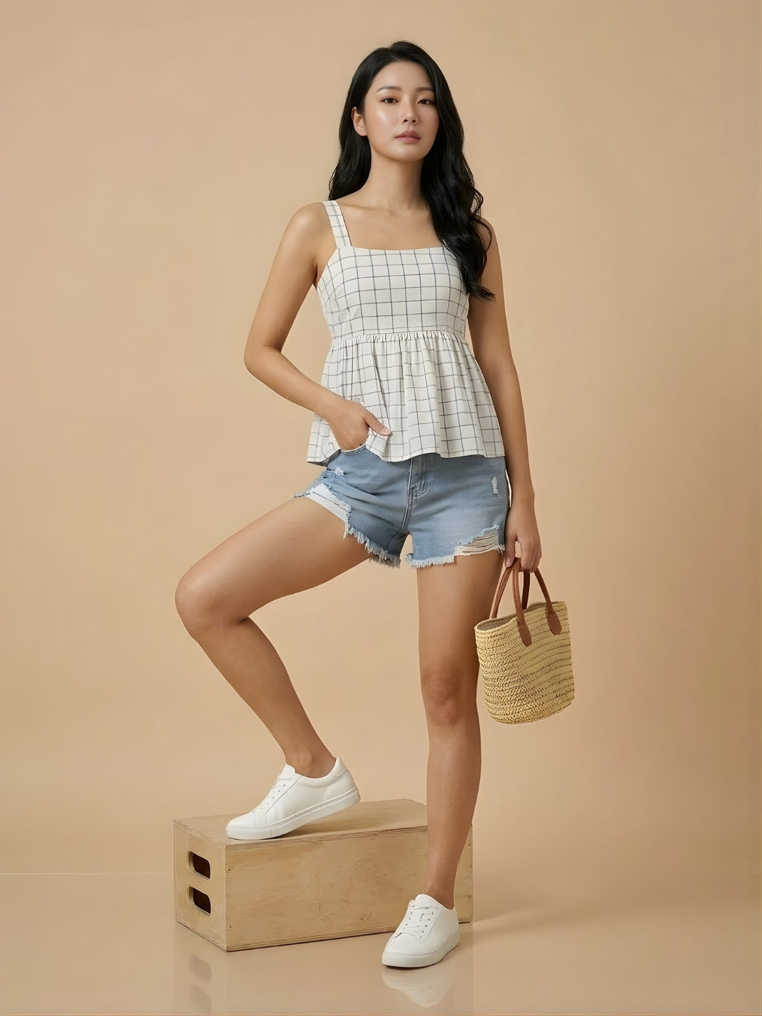 Clobug Women Sleeveless Check Print Top