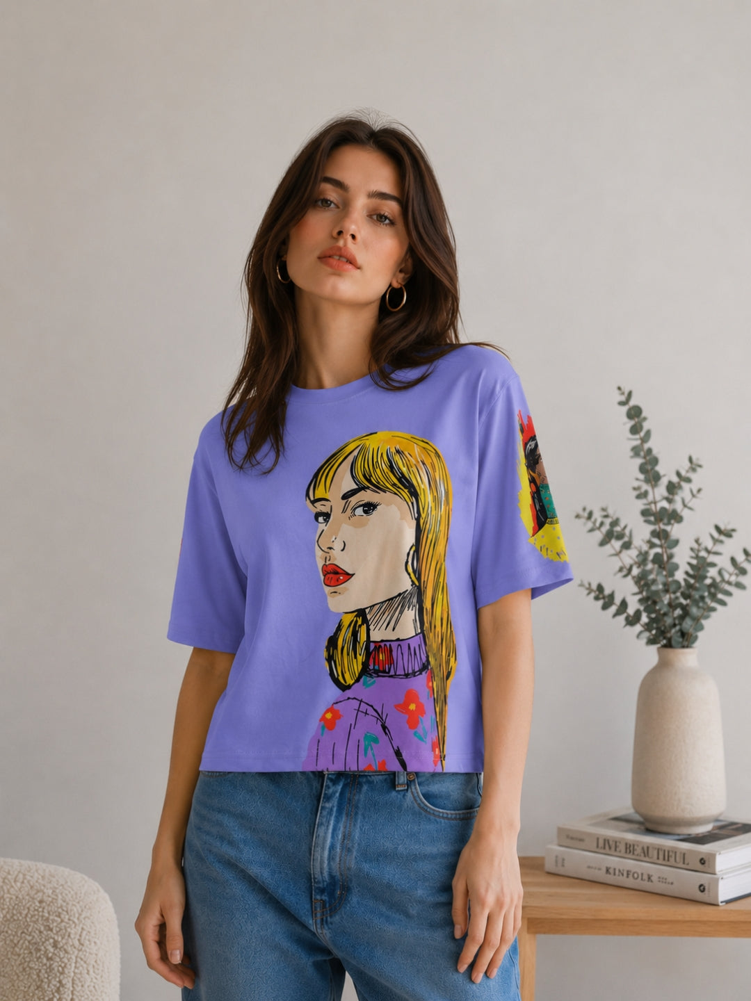 Clobug Women Pop Art Graphic Multi Crop T-Shirt