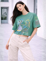 Clobug Women Oversized Graphic Print Crop T-Shirt