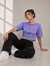 Clobug Women Oversized Graphic Print Crop T-Shirt