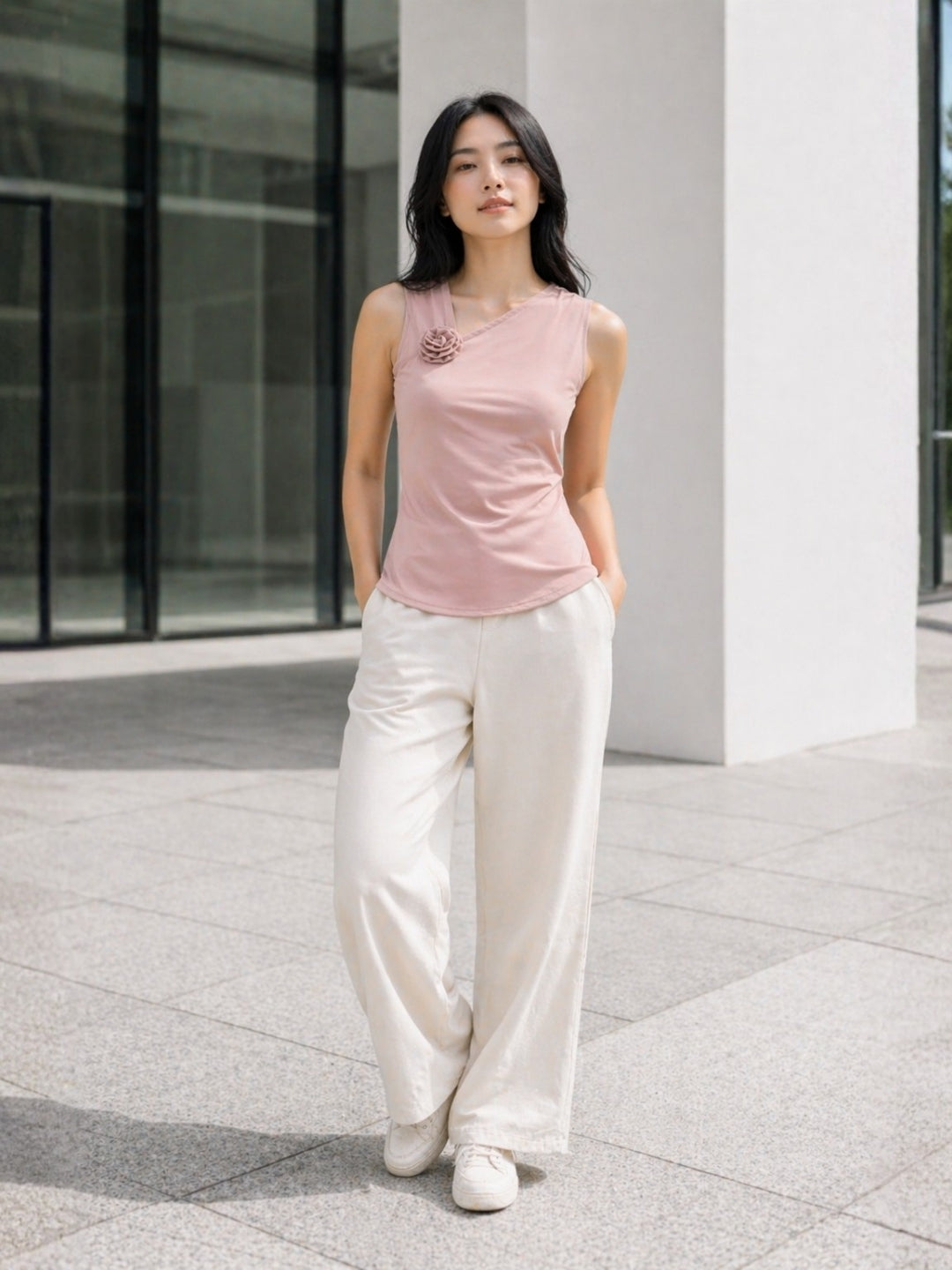 Clobug Women Sleeveless Asymmetric Neck Top