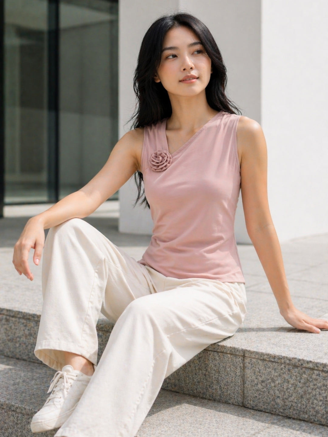 Clobug Women Sleeveless Asymmetric Neck Top