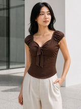 Clobug Women Tie up Neck Short Sleeve Top