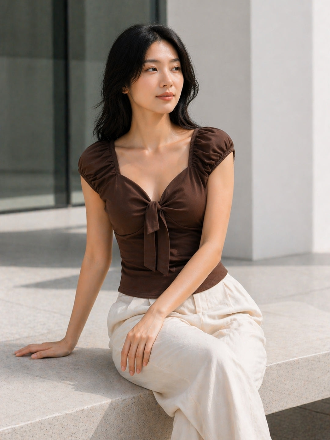 Clobug Women Tie up Neck Short Sleeve Top