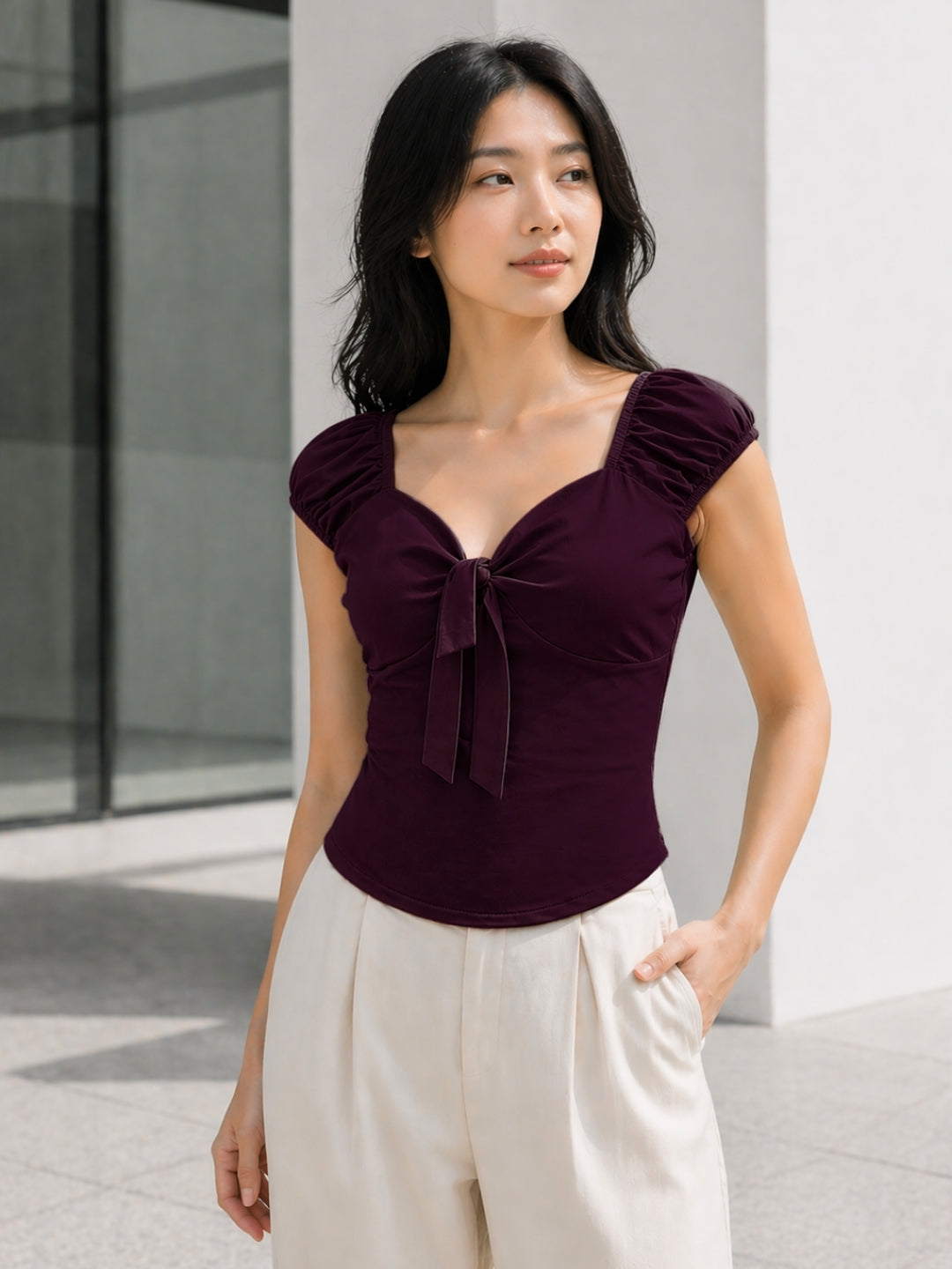 Clobug Women Tie up Neck Short Sleeve Top