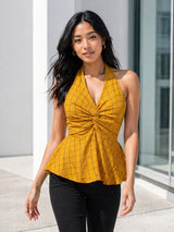 Clobug Women Halter Neck Yellow Top