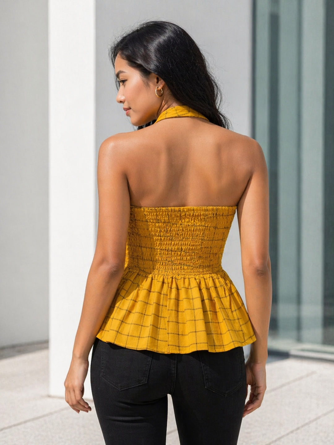 Clobug Women Halter Neck Yellow Top