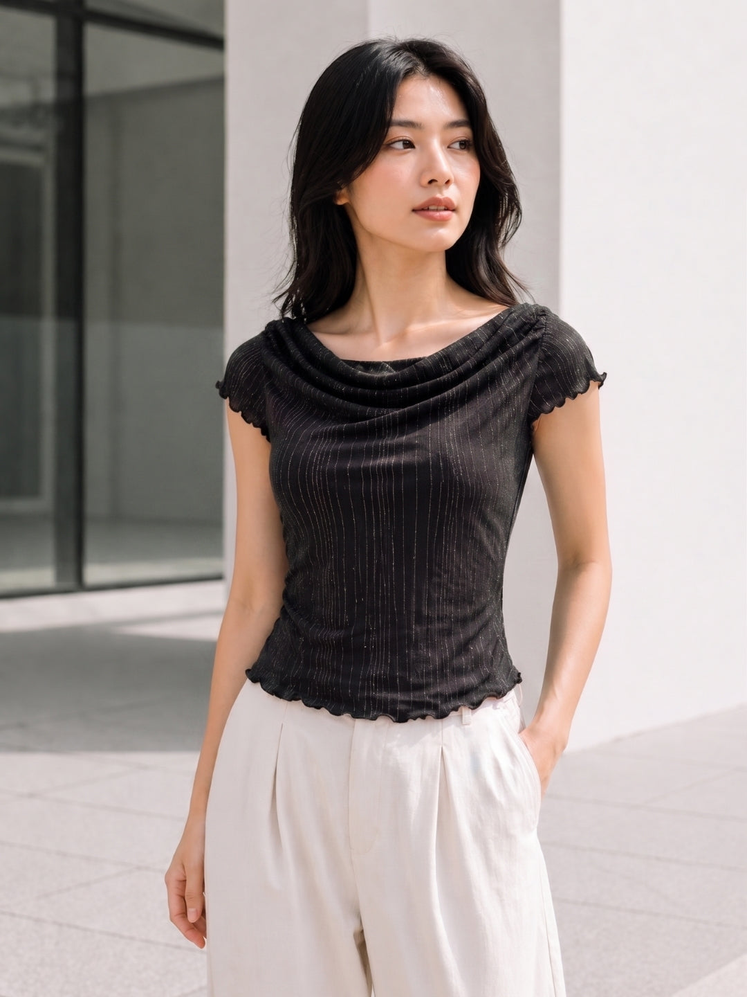 Clobug Women Cowl Neck Short Sleeve Top