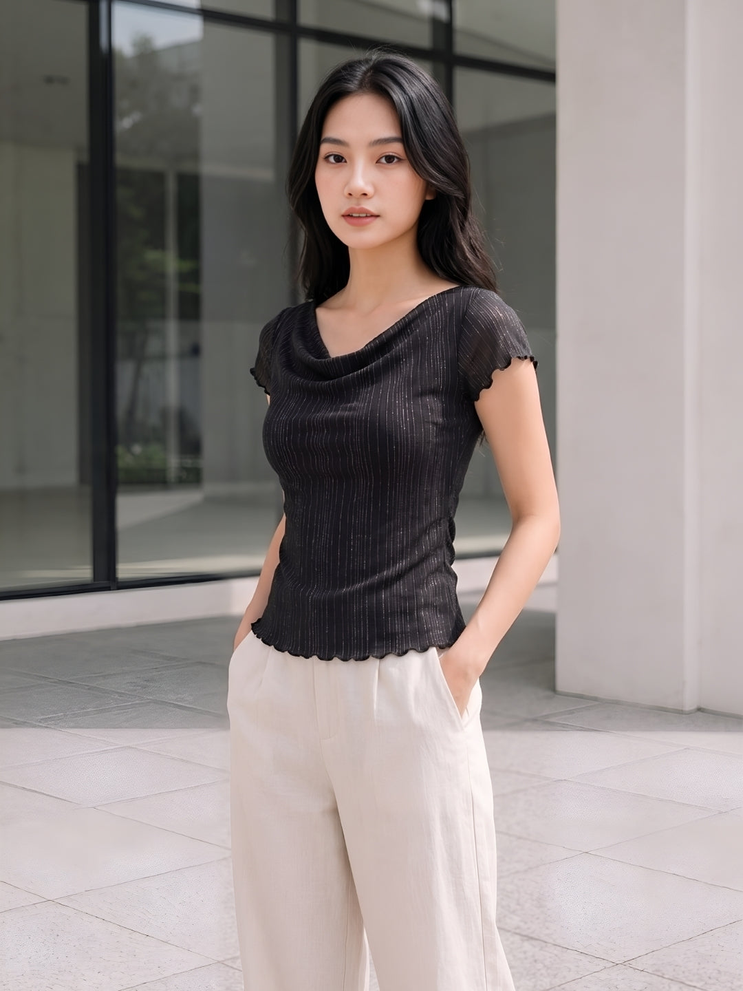 Clobug Women Cowl Neck Short Sleeve Top
