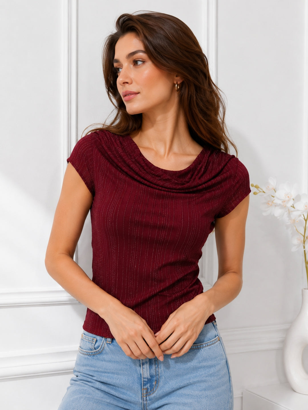 Clobug Women Cowl Neck Short Sleeve Top