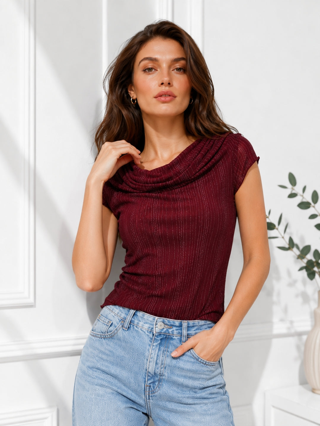 Clobug Women Cowl Neck Short Sleeve Top