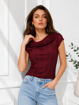 Clobug Women Cowl Neck Short Sleeve Top