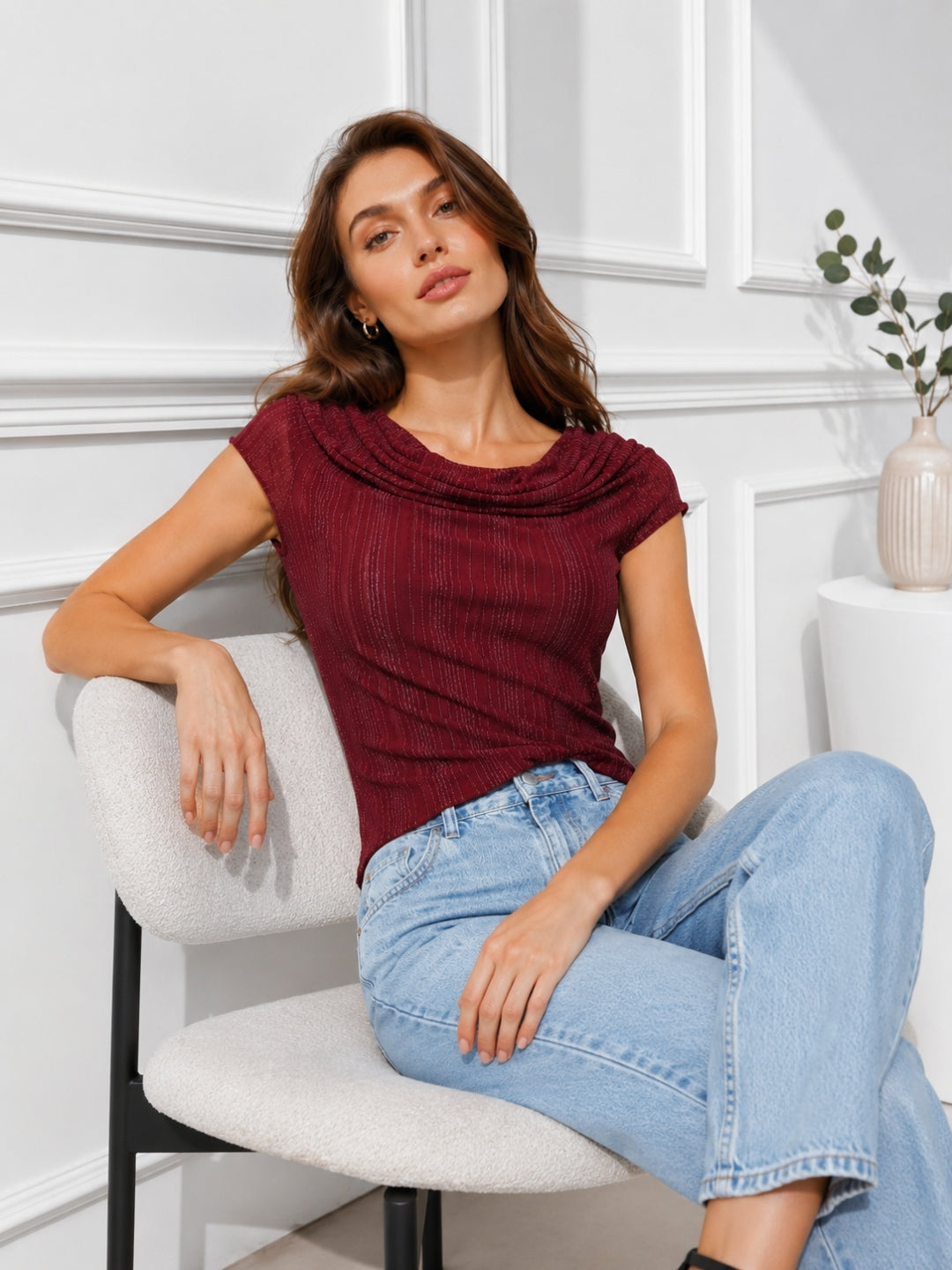 Clobug Women Cowl Neck Short Sleeve Top